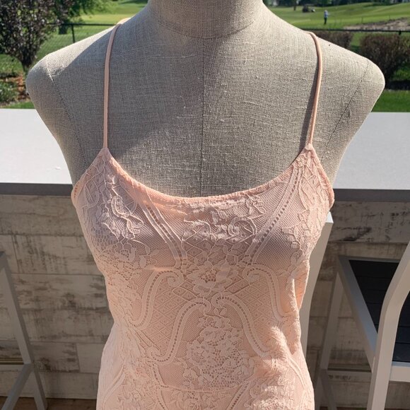 Vintage Hand Sewn Peach Sheer Lace Maxi Dress Long Gown - Picture 2 of 16